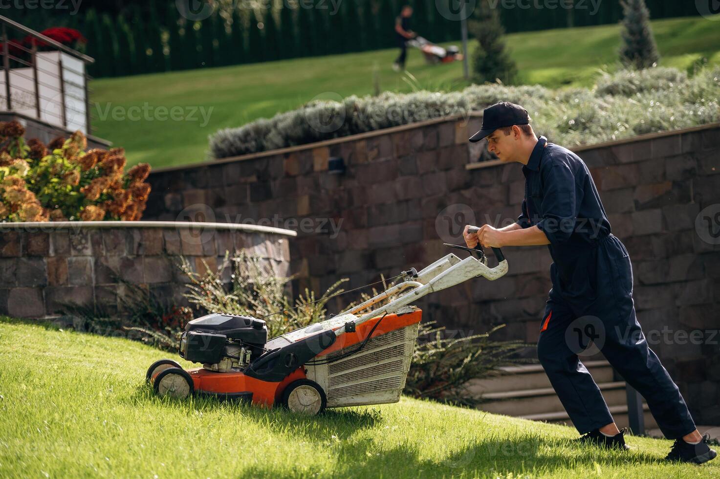 View ,from ,,the side, cutting grass by lawn mover. Professional gardener is on the lawn photo