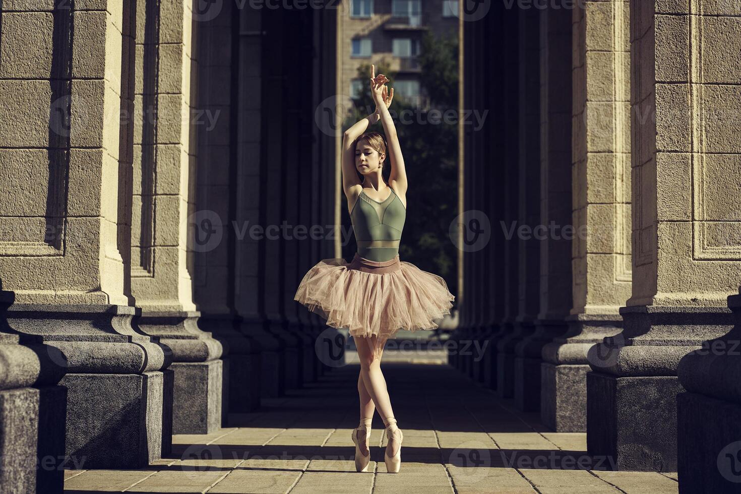 ballerina, in tutu and pointe shoes shows ballet elements, on the streets, on a summer day photo