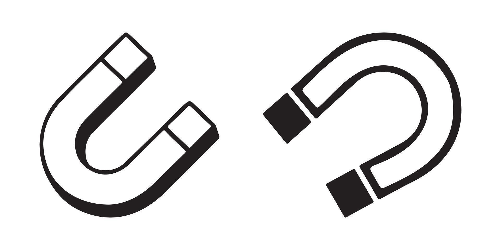 Black and White Horseshoe Magnet Icons. U Shape Magnetic Pole Symbol Illustration vector