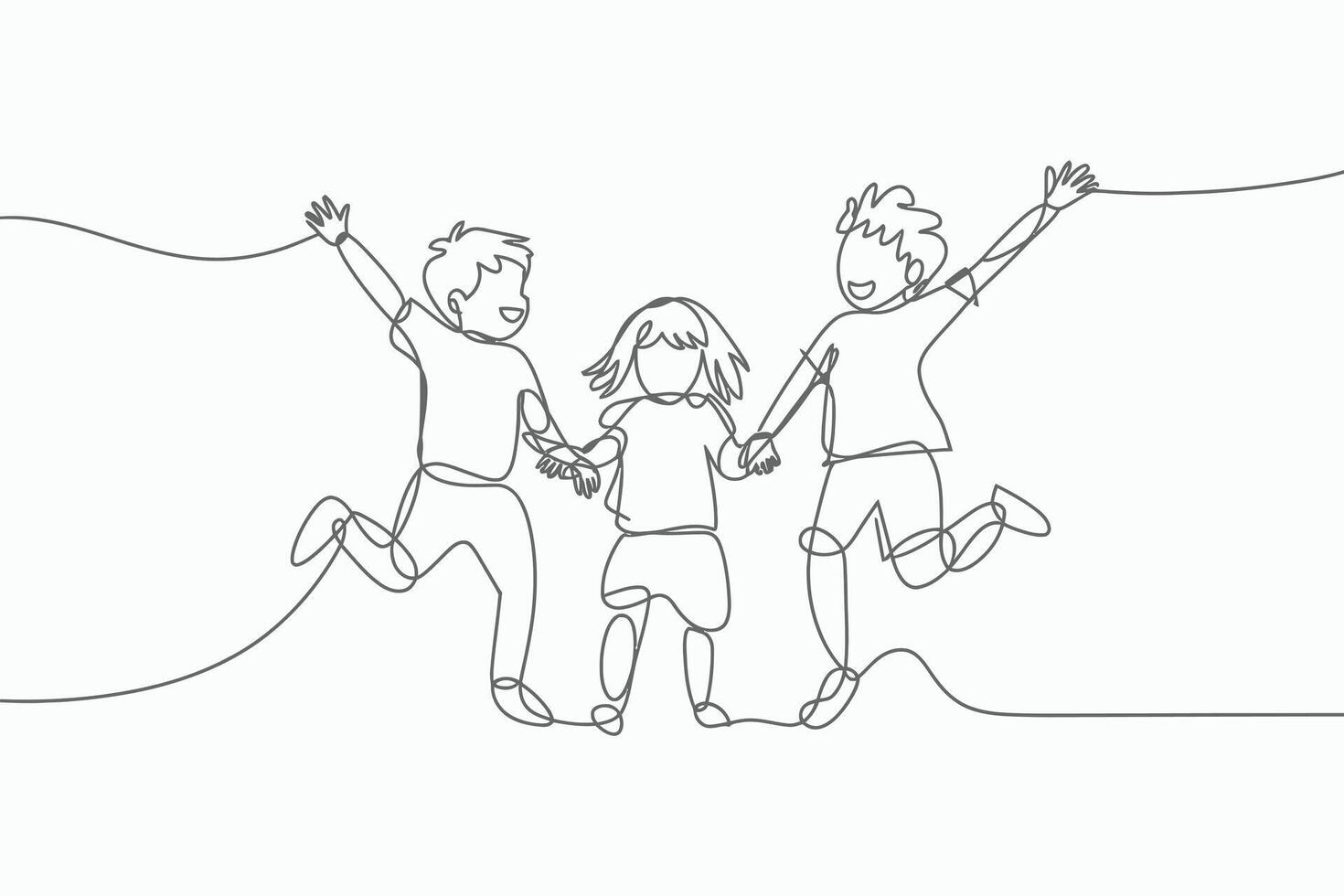 Three happy children holding hands and jumping together in a continuous line drawing vector