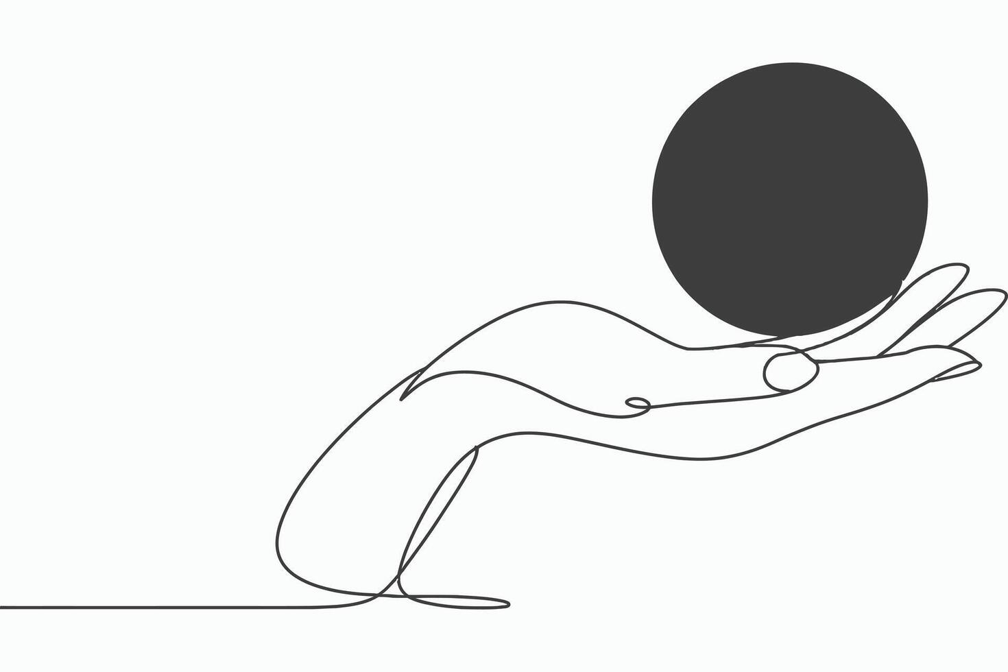 Minimalist single line drawing of a hand holding a dark circle against a white background vector