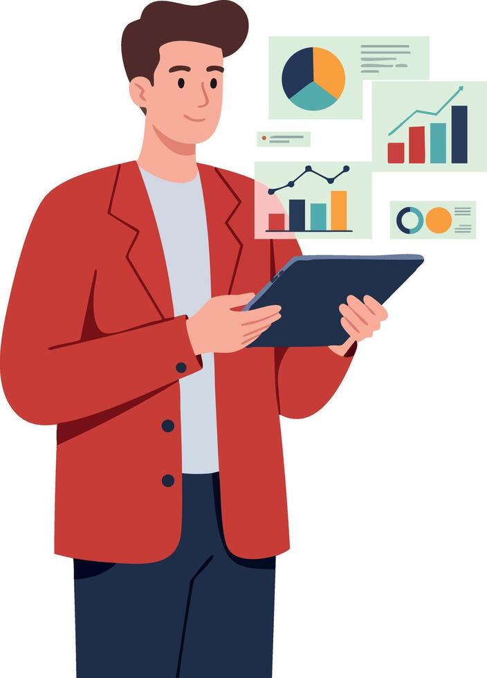 Man analyzing business charts on tablet with red jacket and data visualization vector