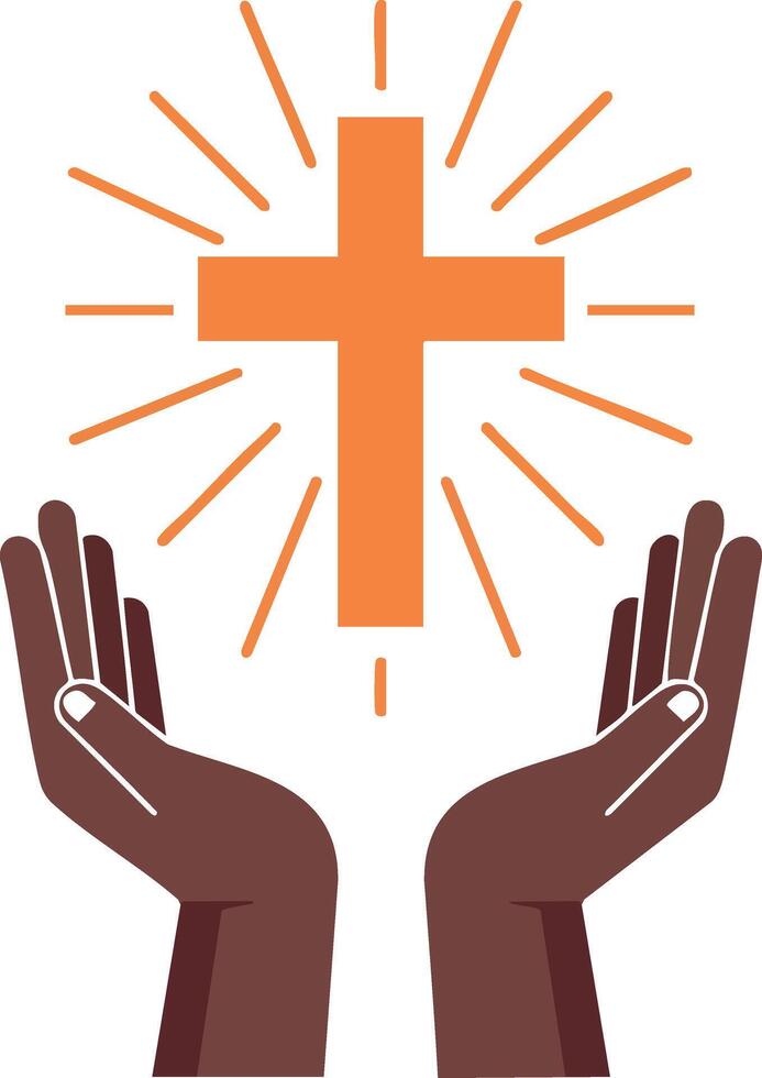 Christian cross with raised hands and radiant light symbolizing faith and worship illustration vector