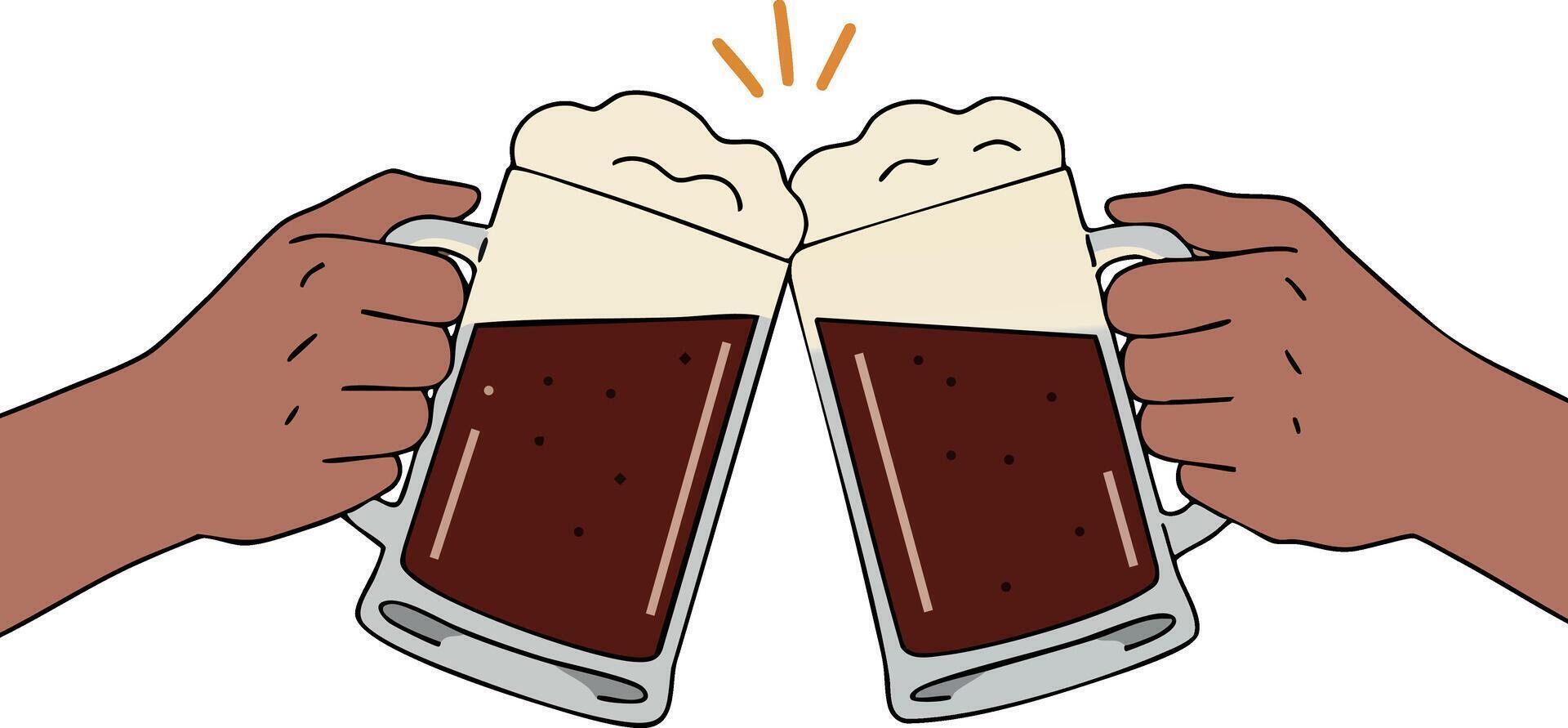 Beer Toast Cheers with Two Hands Holding Glass Mugs Filled with Dark Beer Illustration vector