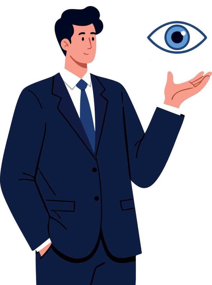 Businessman holding floating eye symbol representing vision and insight illustration vector