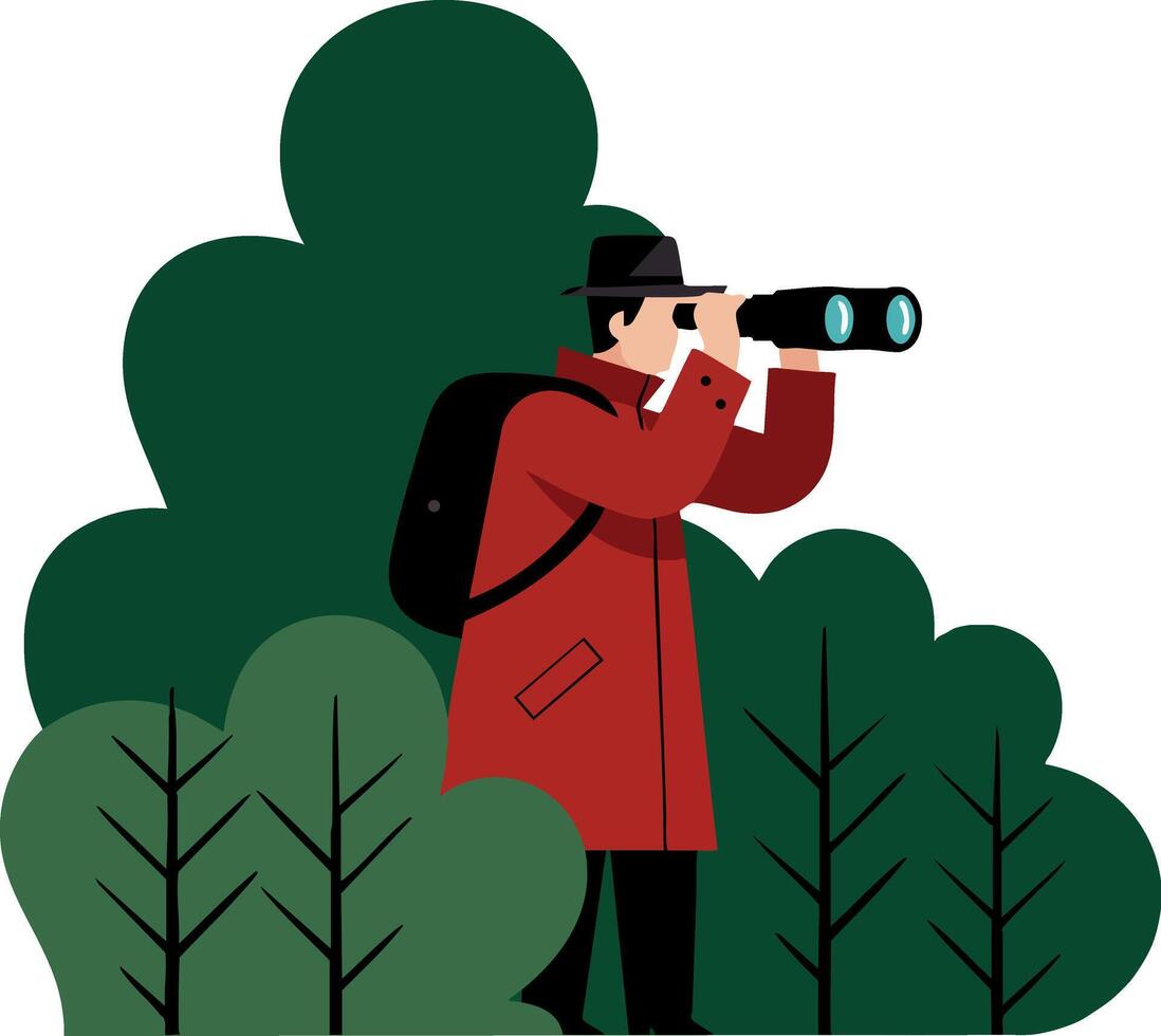 Man in red coat with black backpack watching through binoculars in nature landscape illustration vector
