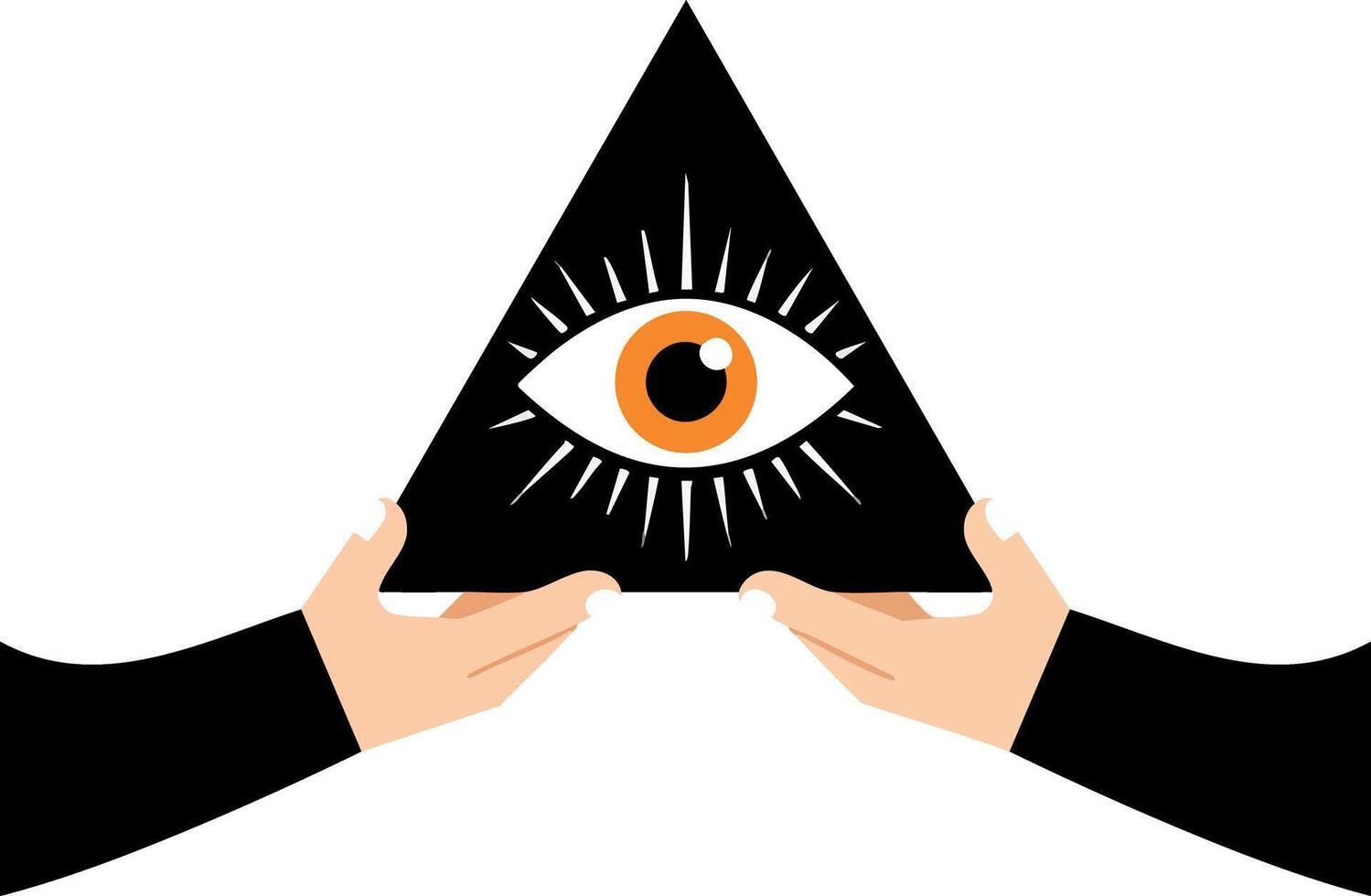 Human hands holding black triangle with orange eye symbol illustration art vector