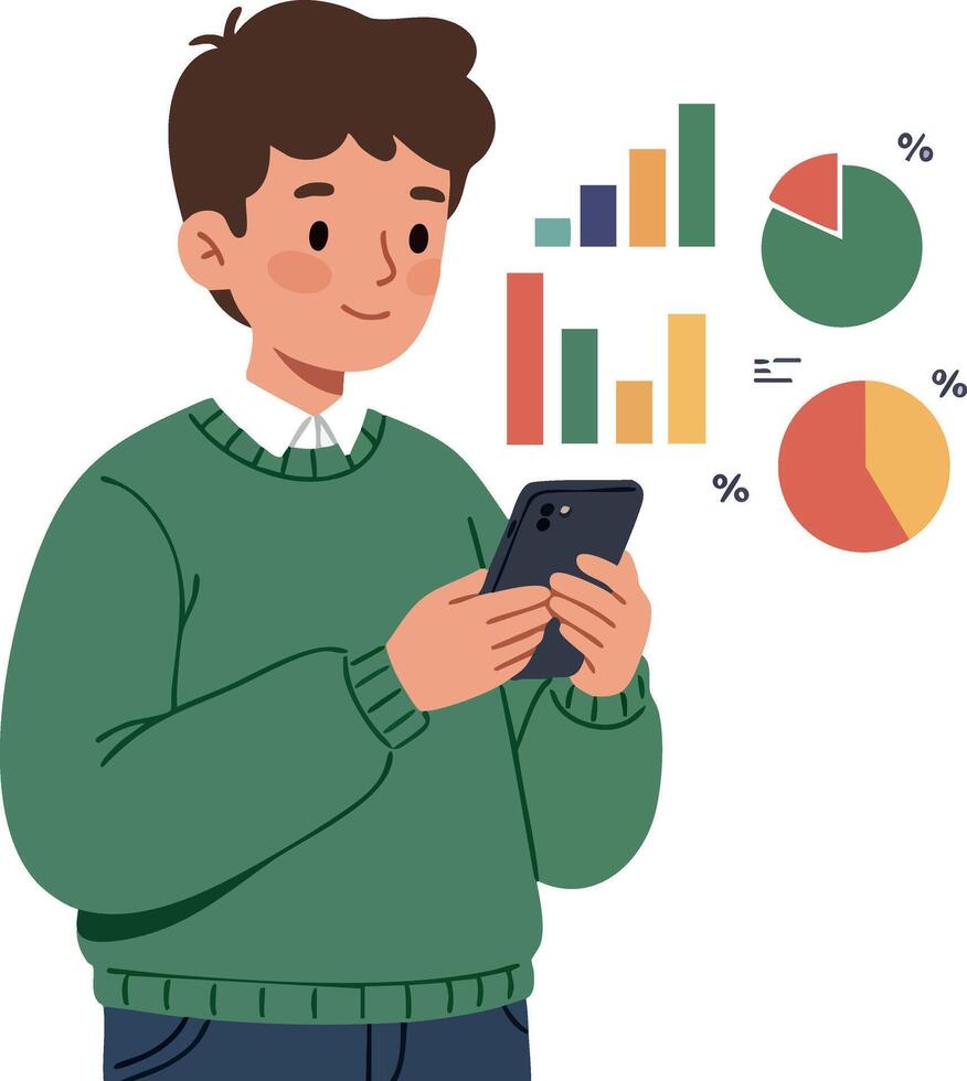 Young man analyzing financial data on smartphone with colorful charts and graphs illustration vector