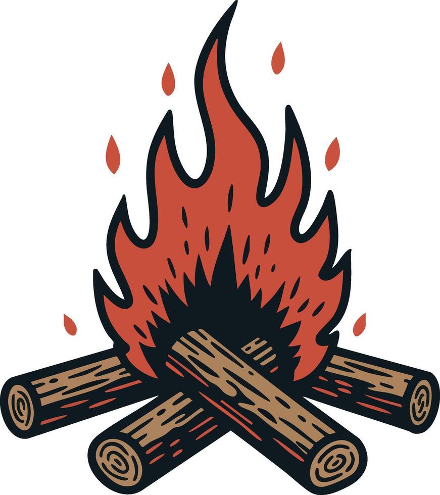 Campfire with burning logs illustration in warm orange and black colors vector