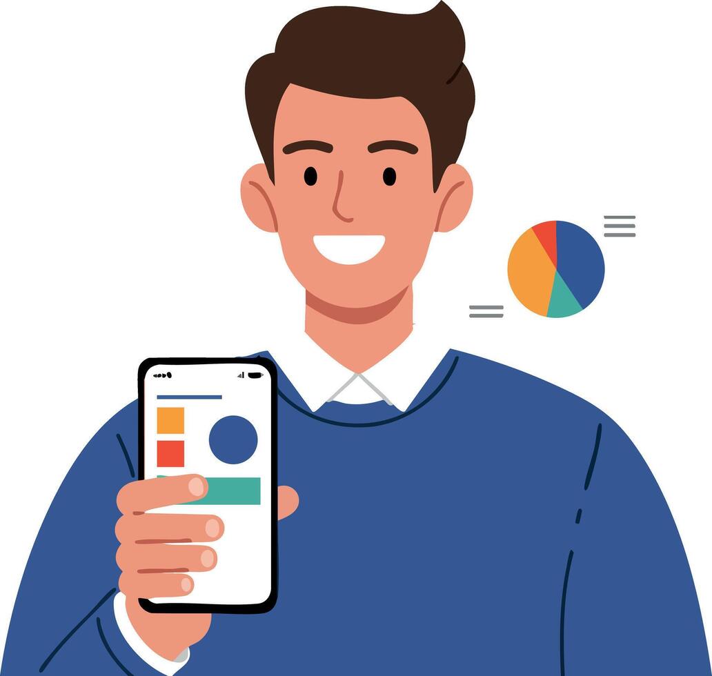 Young man smiling showing mobile phone with colorful pie chart and data analysis illustration vector