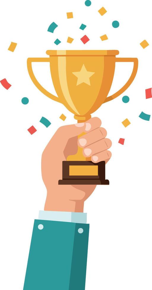 Hand holding golden trophy cup with colorful confetti celebration illustration vector