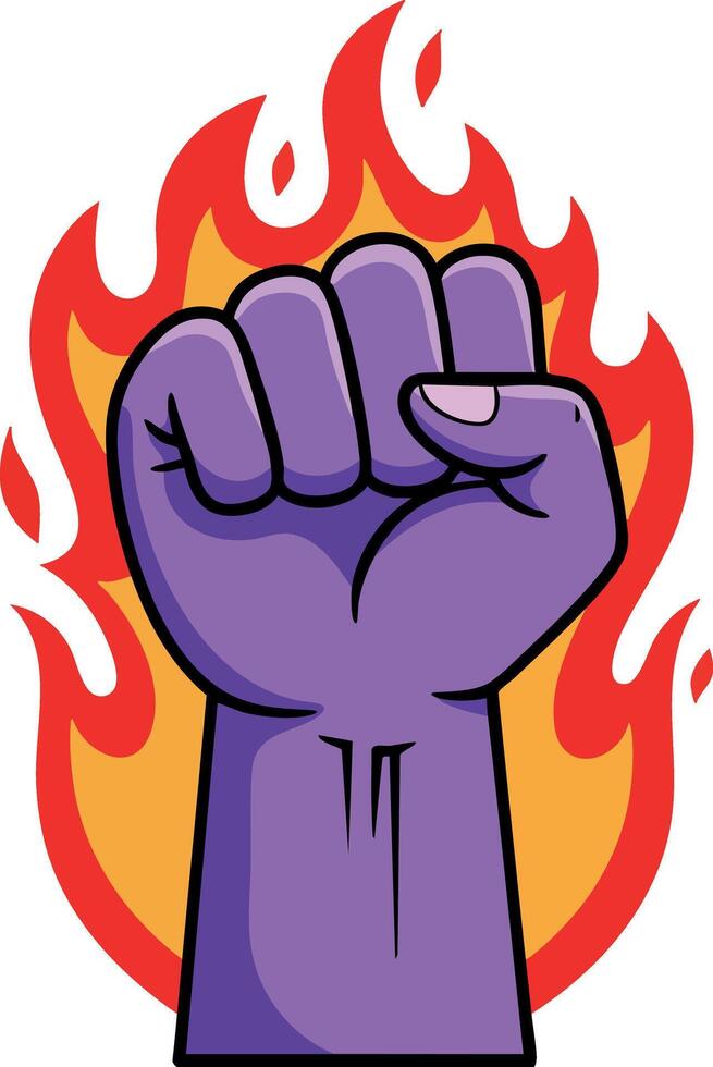 Purple Fist Raised with Red and Orange Flames Illustration Symbolizing Power and Strength vector
