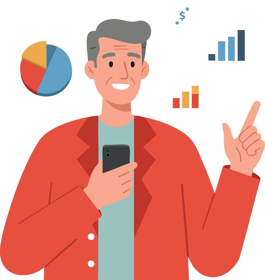 Man holding smartphone analyzing colorful business charts and graphs illustration vector