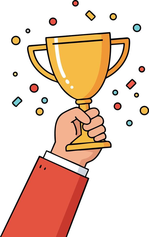 Hand Holding Gold Trophy Cup Celebration with Colorful Confetti Illustration vector