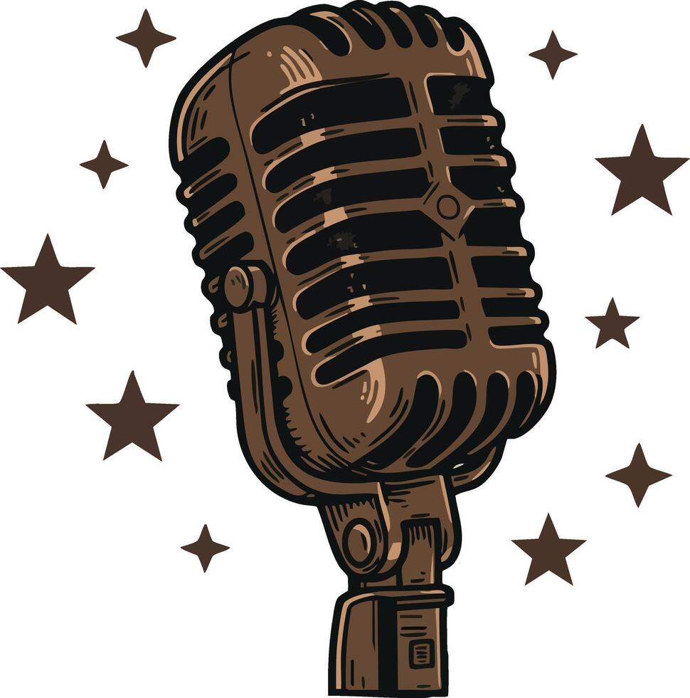 Vintage microphone with decorative stars illustration in brown tones vector
