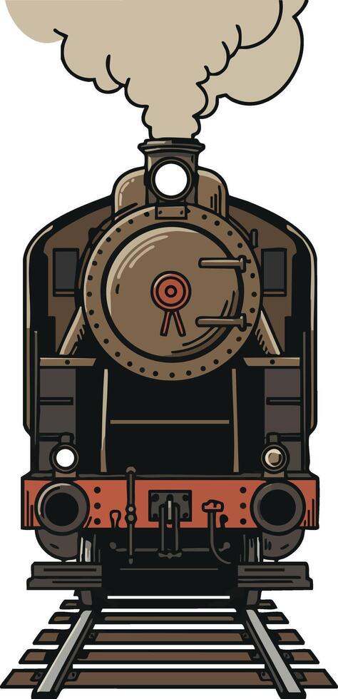 Vintage steam locomotive train front view with smoke and railway tracks illustration vector