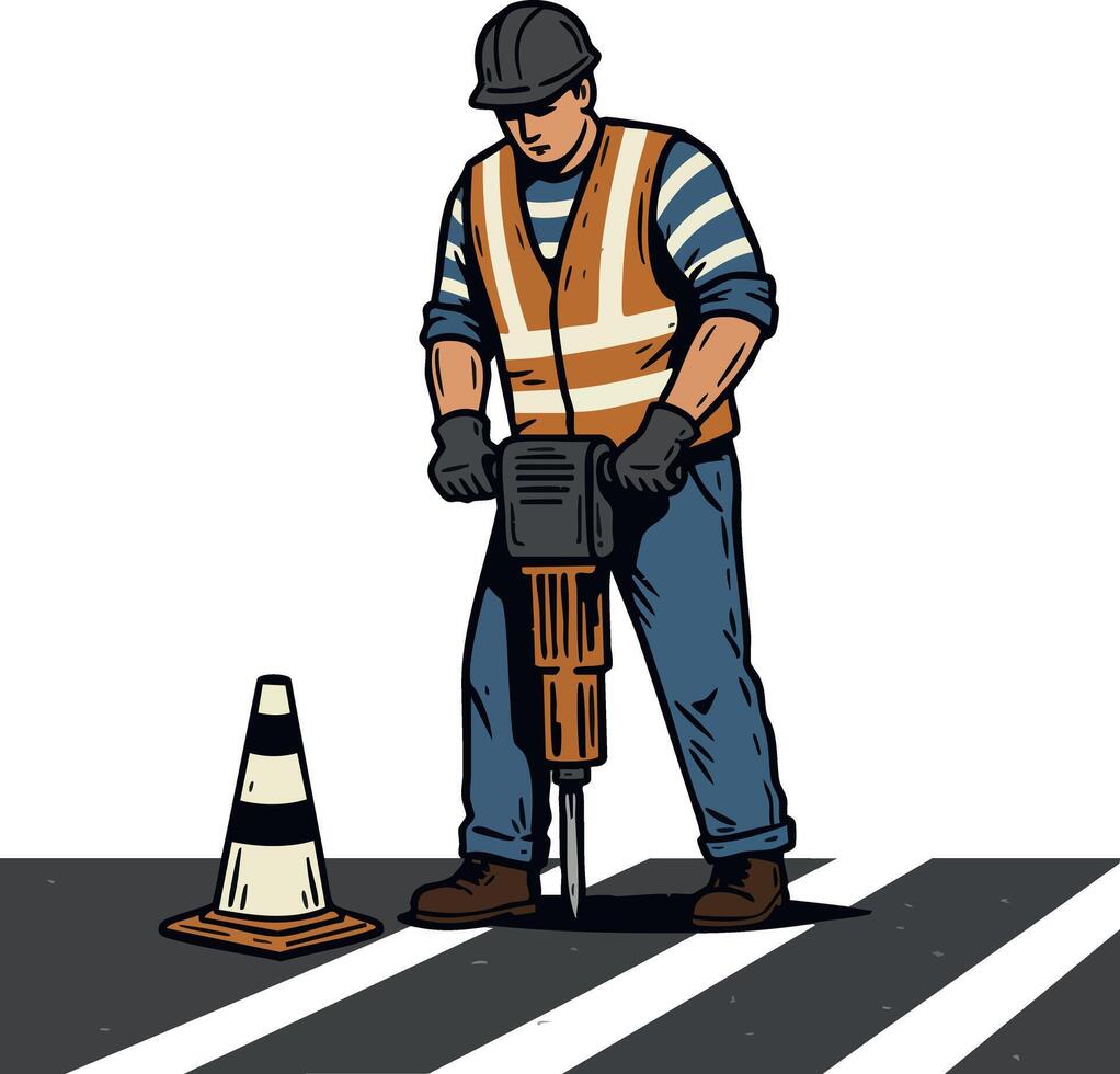 Construction worker using jackhammer on road with safety cone illustration vector