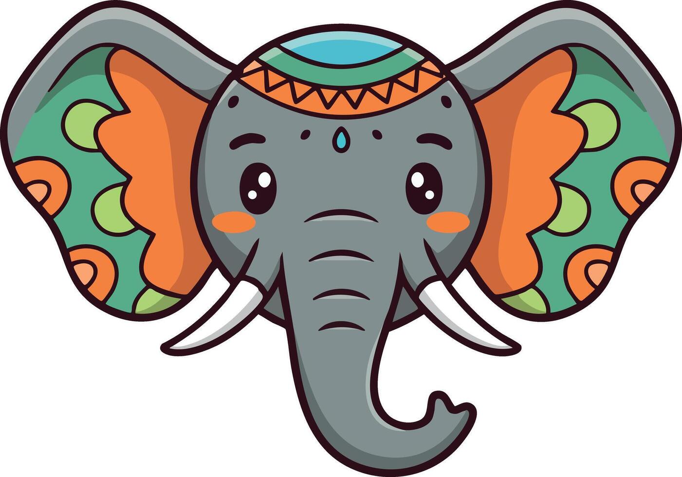 Elephant head with colorful decorated ears and tribal pattern illustration vector