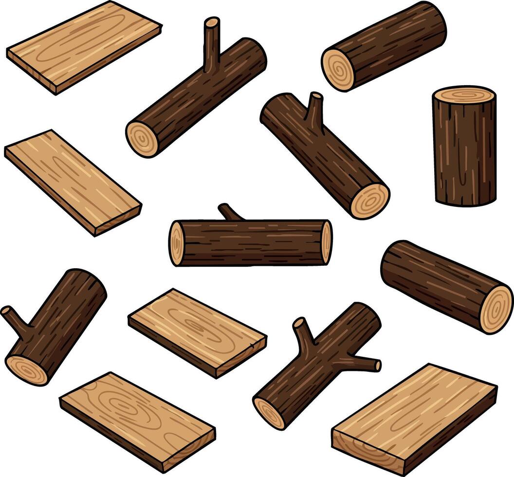 Wood Logs and Planks Illustration with Natural Brown Texture for Crafting and Construction vector