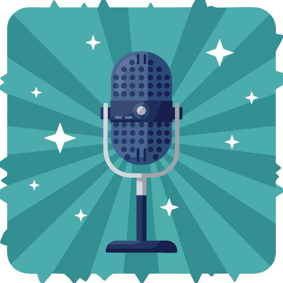 Vintage microphone illustration with starry teal background and retro style vector