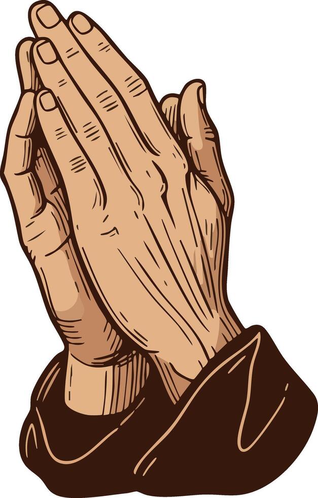 Praying hands illustration with detailed wrinkles and brown sleeves art vector
