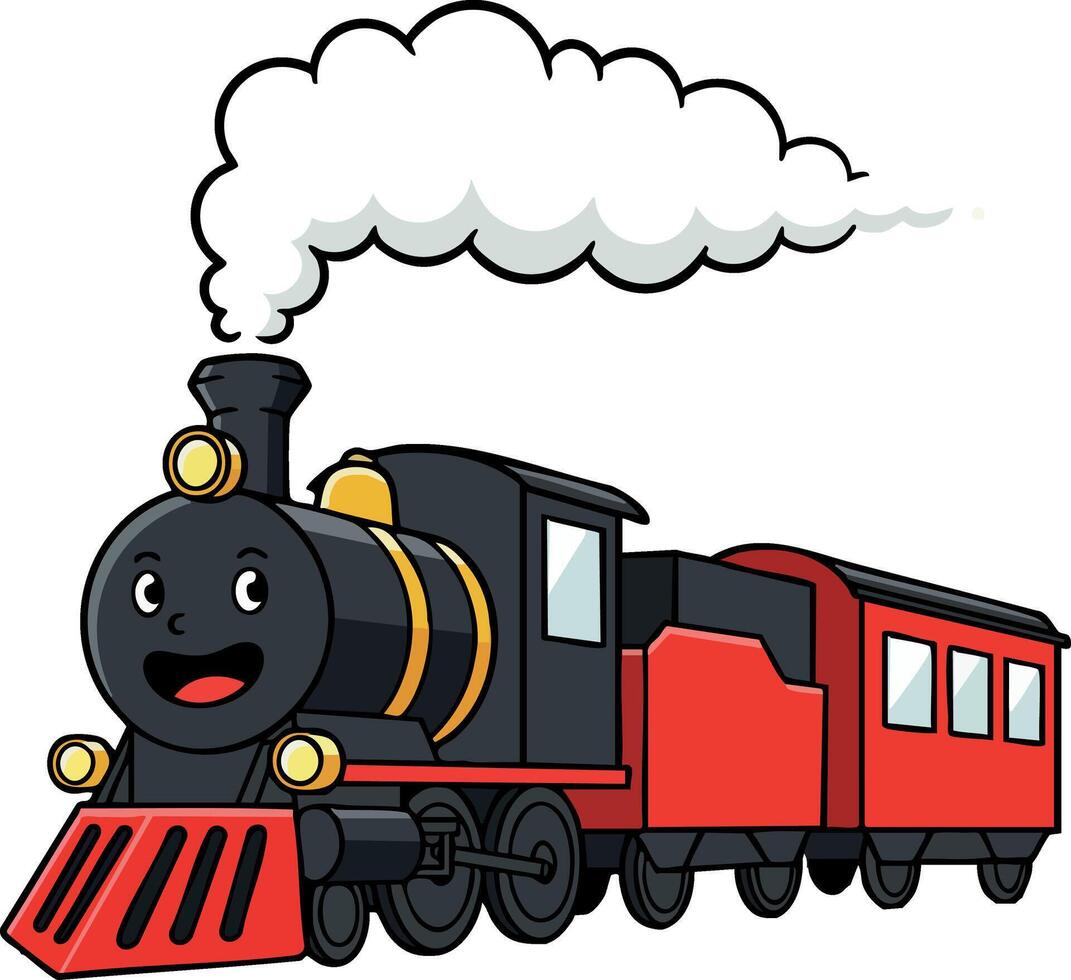 Cartoon style black and red steam train locomotive with smoke illustration vector