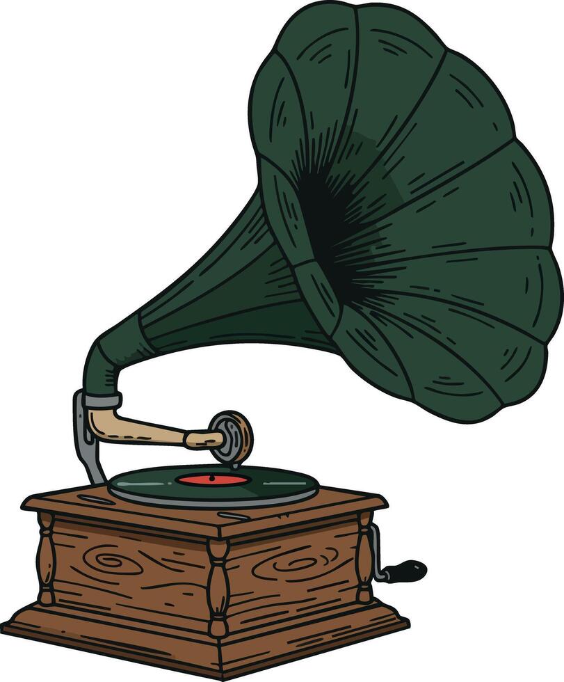 Vintage gramophone with green horn and wooden base retro music player illustration vector