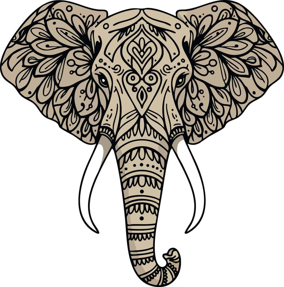 Elephant head with ornamental tribal patterns detailed illustration in brown and black colors vector