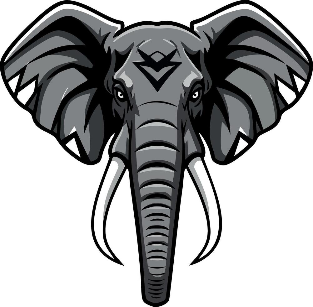 Elephant head front view illustration in gray and black shades animal wildlife design vector