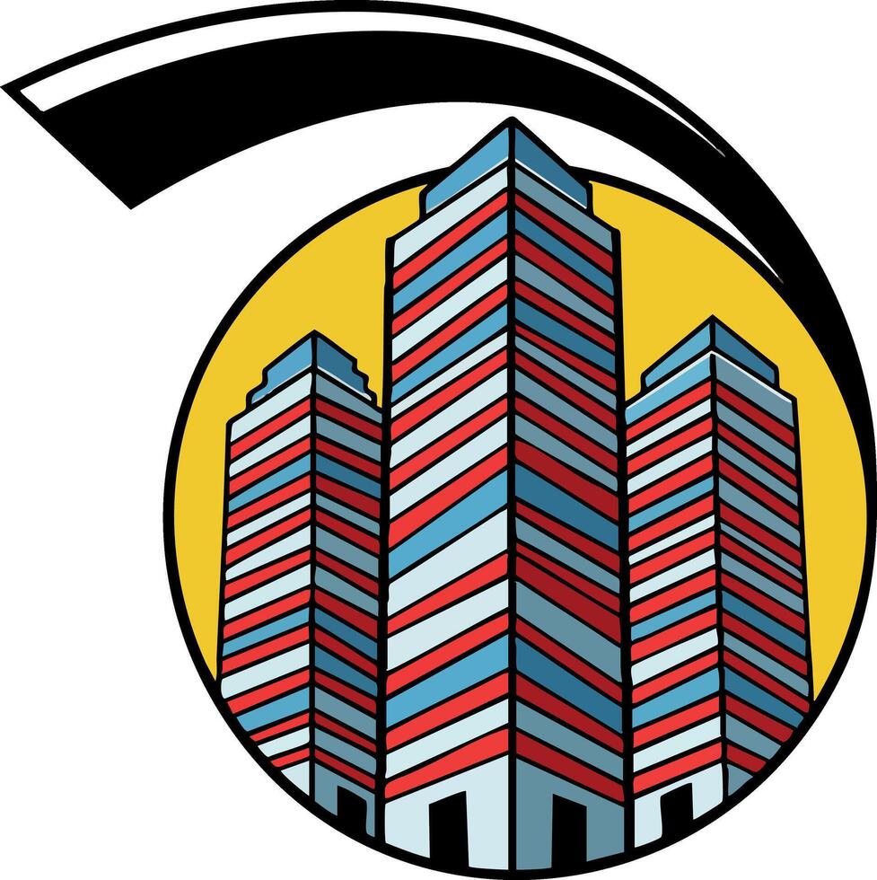 Modern red and blue city skyscrapers with yellow background circular illustration vector
