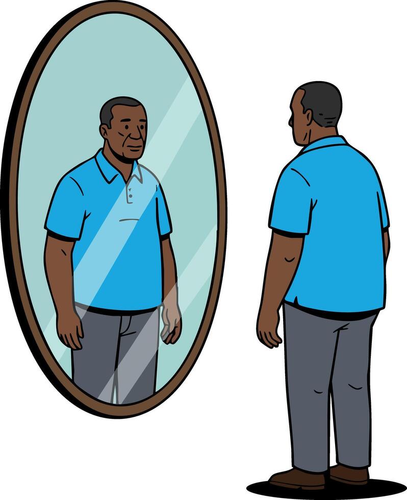 Man standing in front of oval mirror reflection wearing blue shirt and gray pants illustration vector