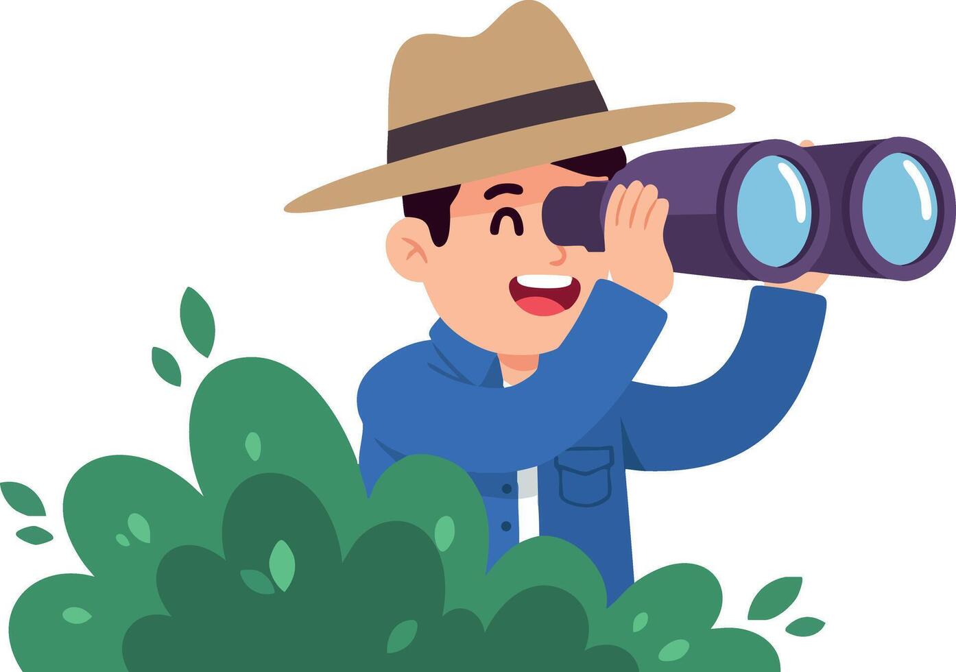 Man with binoculars observing nature from behind green bushes in outdoor exploration scene vector