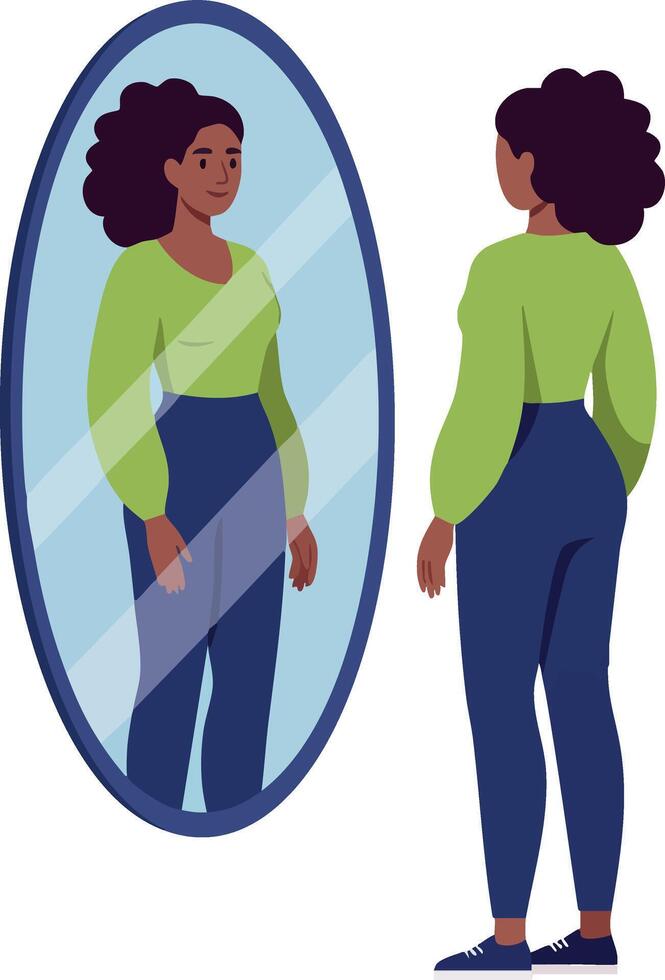 Woman standing in front of oval mirror reflection wearing green top and blue pants illustration vector