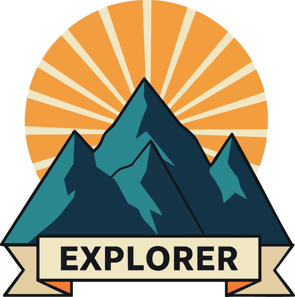 Mountain explorer emblem with sunrise background and banner design illustration vector