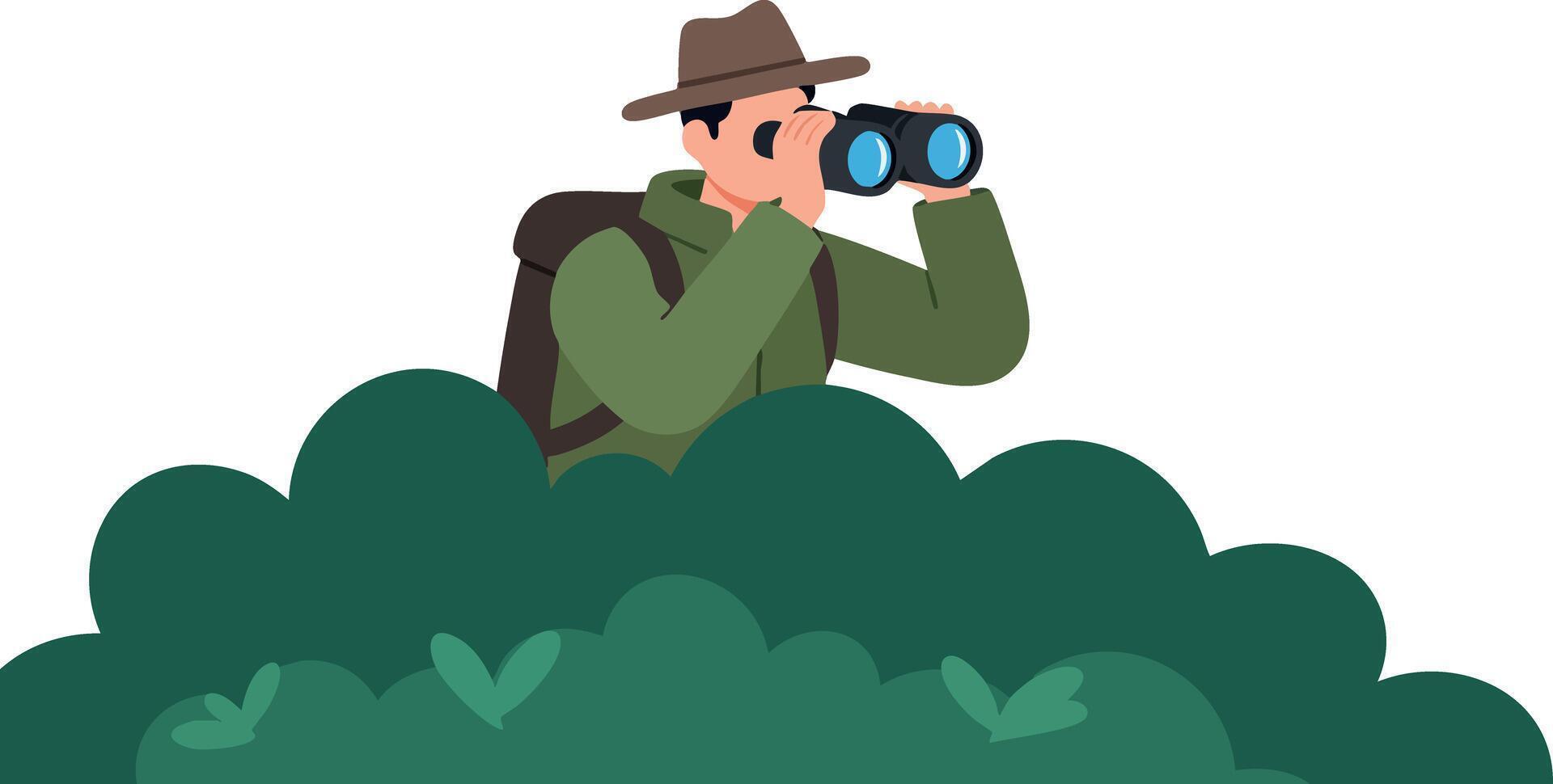 Man with binoculars observing nature from bushes exploring outdoors activity vector