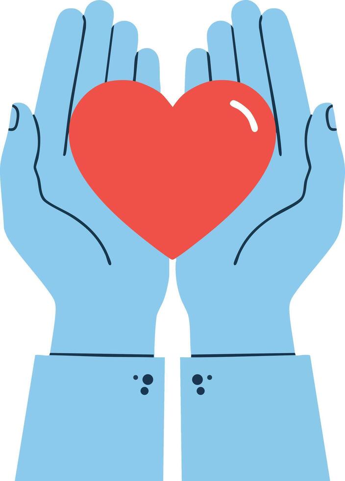 Blue hands holding red heart symbol of care and love illustration vector