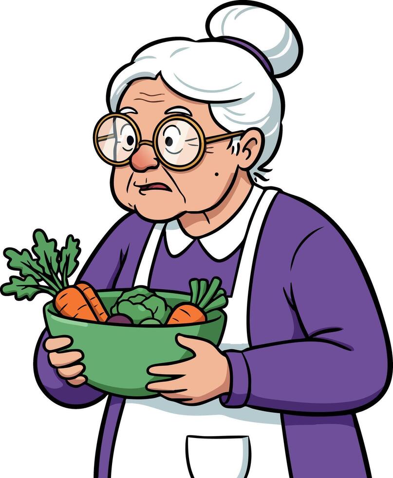 Elderly woman holding bowl of fresh vegetables in purple outfit and white apron illustration vector