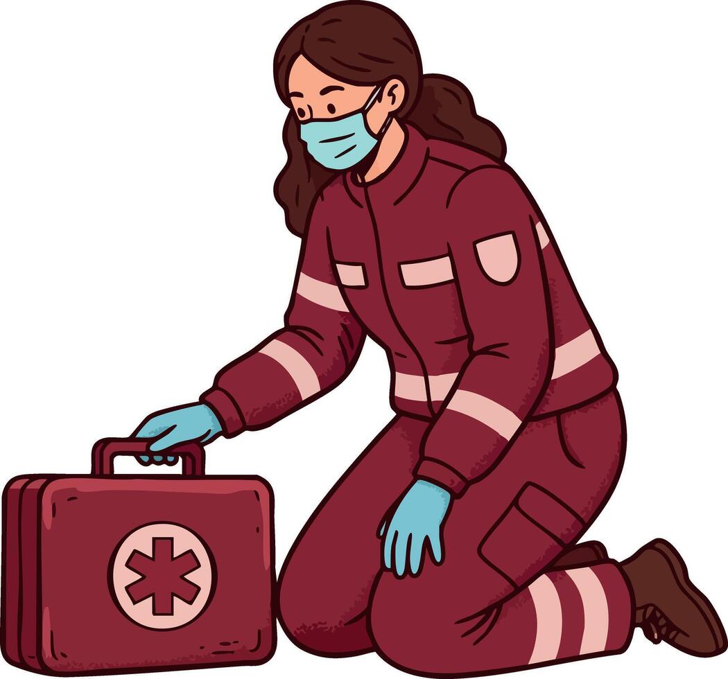 Female Emergency Responder Wearing Mask Kneeling with Medical Kit in Red Uniform Illustration vector