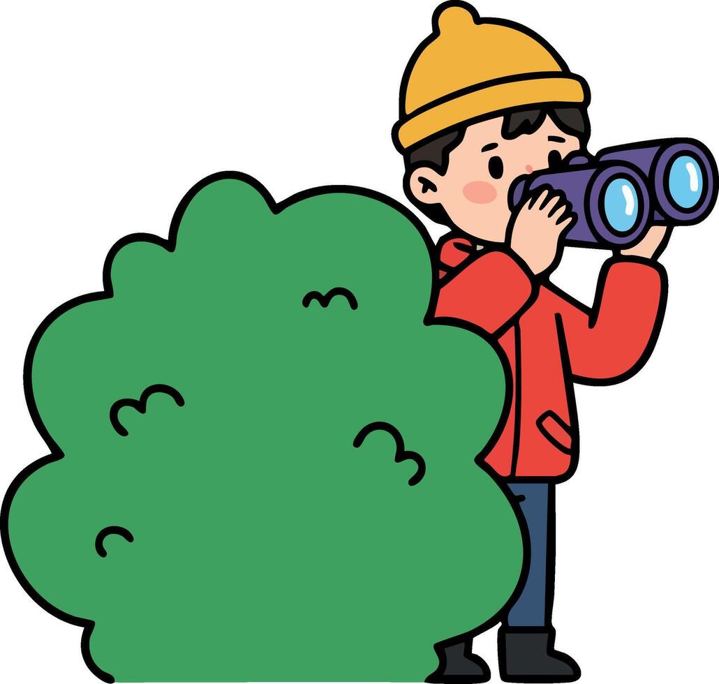 Child in yellow hat watching through binoculars behind green bush illustration vector