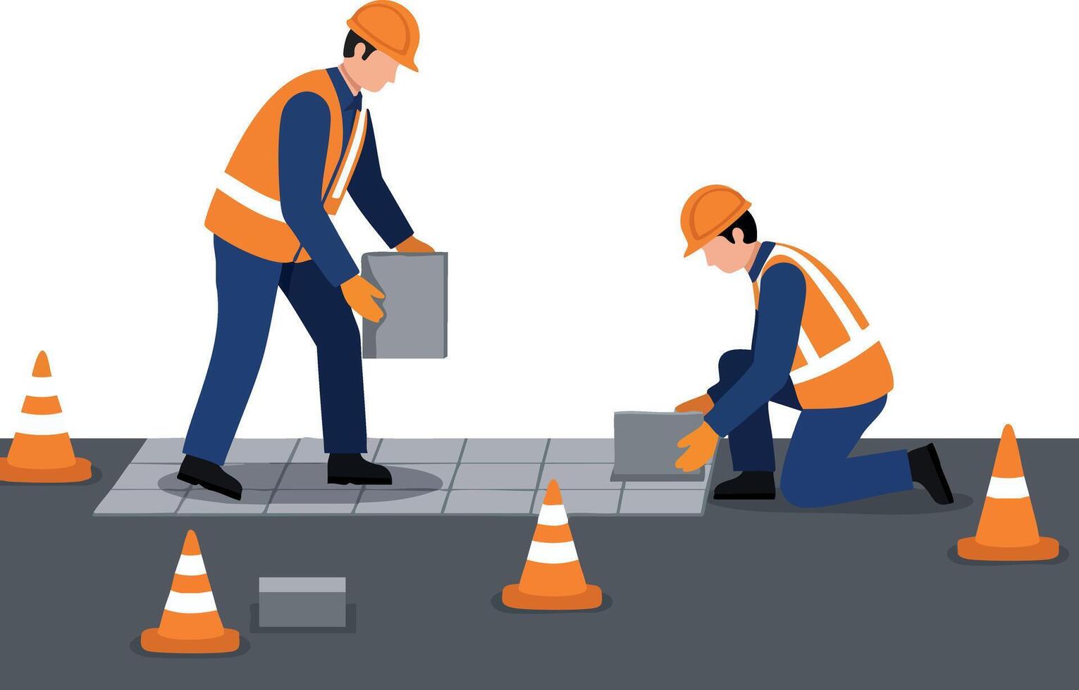 Construction workers laying concrete pavement with safety cones in urban worksite environment vector