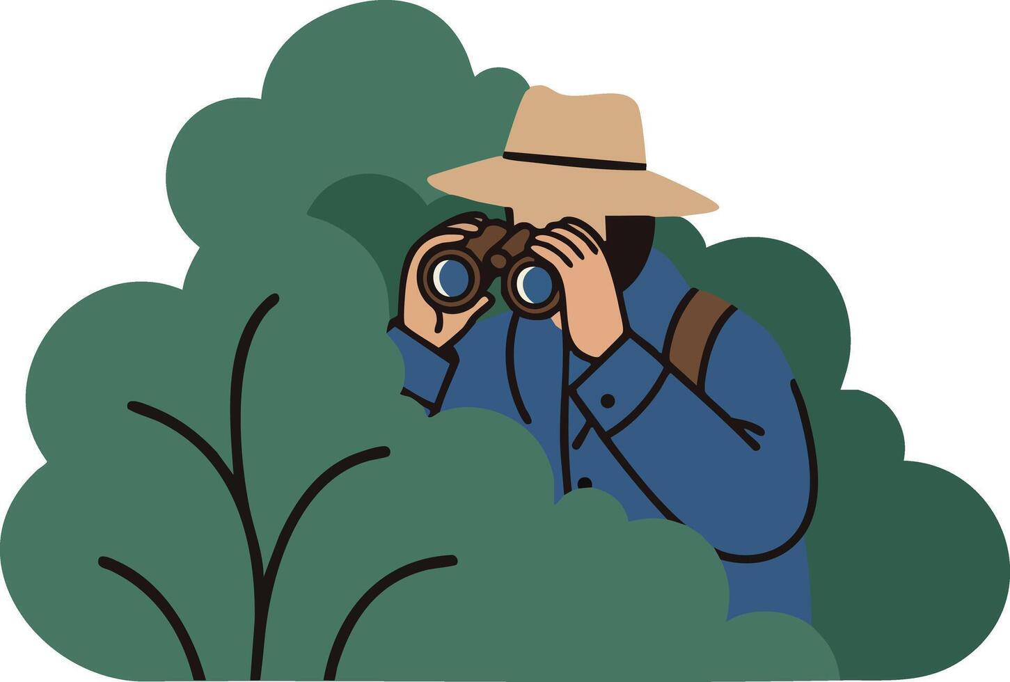 Man with binoculars birdwatching in green bushes outdoor leisure activity illustration vector