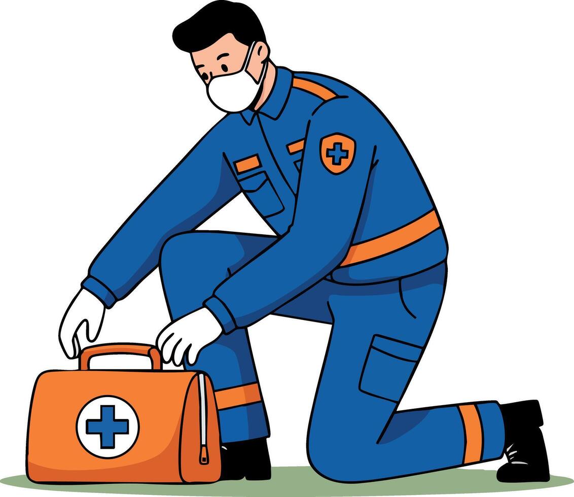 Emergency medical responder kneeling with first aid kit wearing mask and protective uniform illustration vector