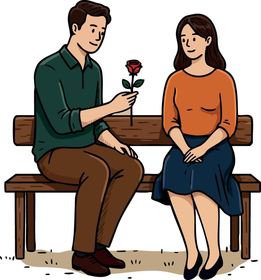 Couple sitting on bench with man giving woman red rose romantic gesture illustration vector
