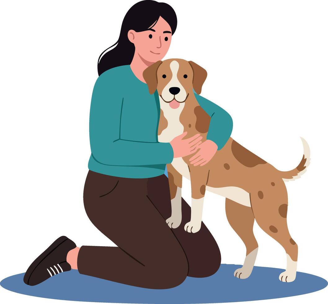 Woman hugging brown and white dog kneeling on blue rug illustration vector