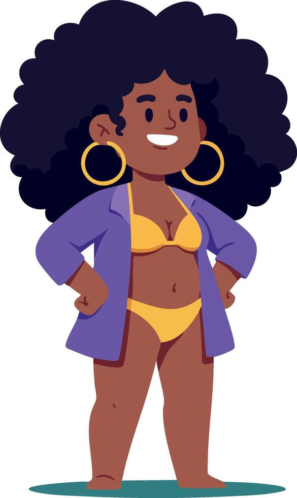 Confident woman in yellow swimsuit and purple jacket standing pose illustration vector
