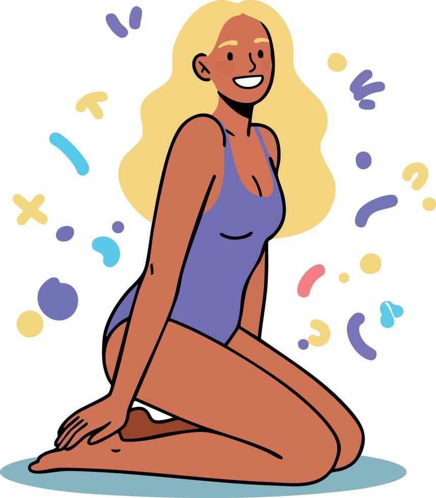 Woman in Purple Swimsuit Kneeling with Abstract Colorful Shapes Illustration vector