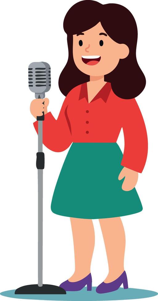 Woman singing with vintage microphone in red top and green skirt illustration vector