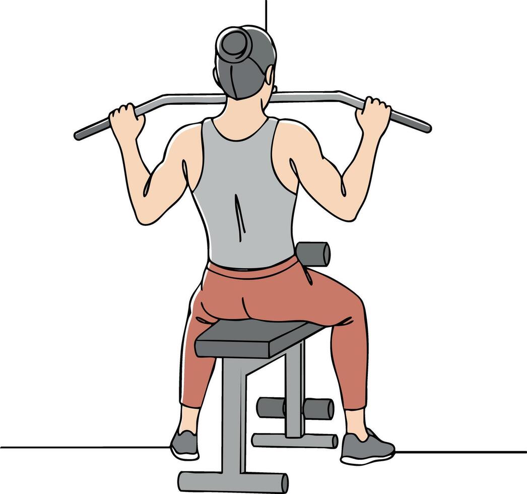 Man Exercising Lat Pulldown Machine at Gym Fitness Routine Strength Training vector