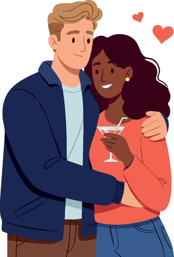 Young interracial couple embracing with drink and hearts romantic illustration vector