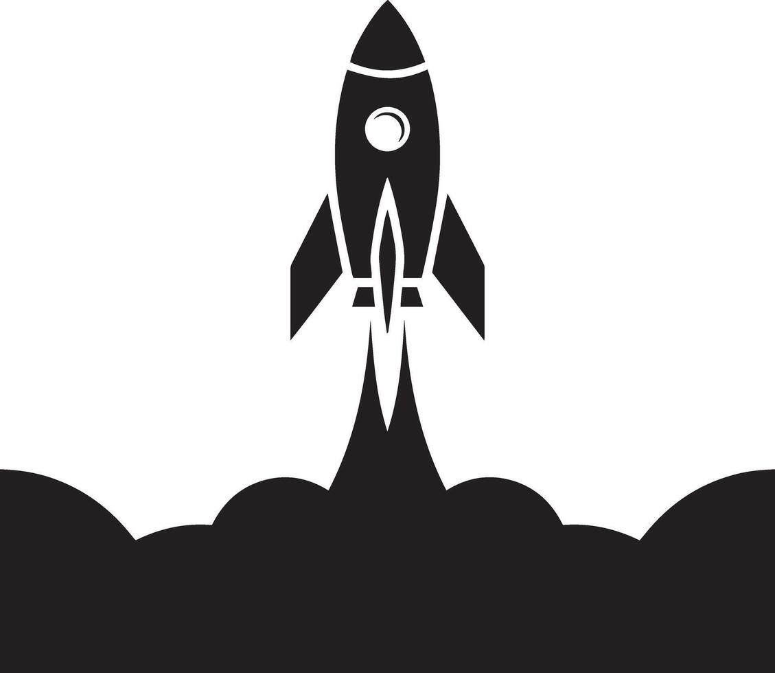 Black and white rocket launching upwards, leaving a trail of smoke vector